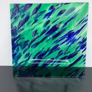 #8985 FUSED GLASS SQUARE 9” PLATE TURQUOISE WHITE FUSED MULTI COLOR PLATE